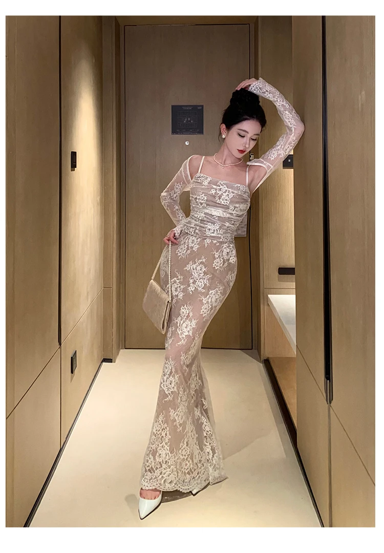 Sexy Bodycon Lace Long Dresses for Women Wedding Party Dress Spaghetti Strap with Smock French Vintage Evening Maxi Vestidos New 15 Sexy Bodycon Lace Long Dresses for Women Wedding Party Dress Spaghetti Strap with Smock French Vintage Evening Maxi Vestidos New