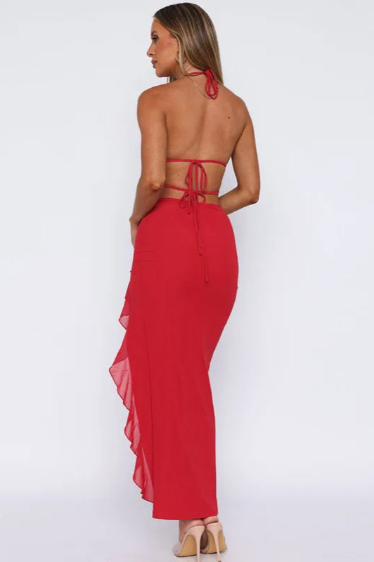 Halter Neck Keyhole Tie Ruffle Trim High Slit Maxi Dress