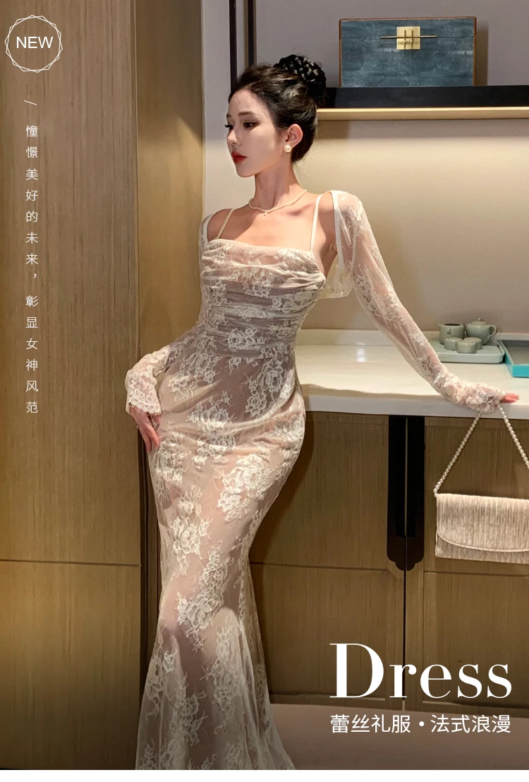 Sexy Bodycon Lace Long Dresses for Women Wedding Party Dress Spaghetti Strap with Smock French Vintage Evening Maxi Vestidos New 5 Sexy Bodycon Lace Long Dresses for Women Wedding Party Dress Spaghetti Strap with Smock French Vintage Evening Maxi Vestidos New