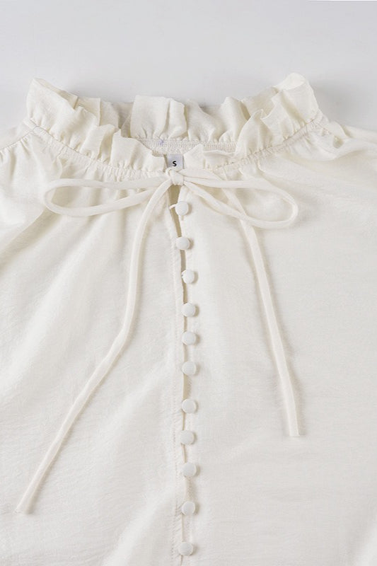 Deep V-Neck Button Front Peasant Sleeve Drop Waist Ruffle Mini Dress