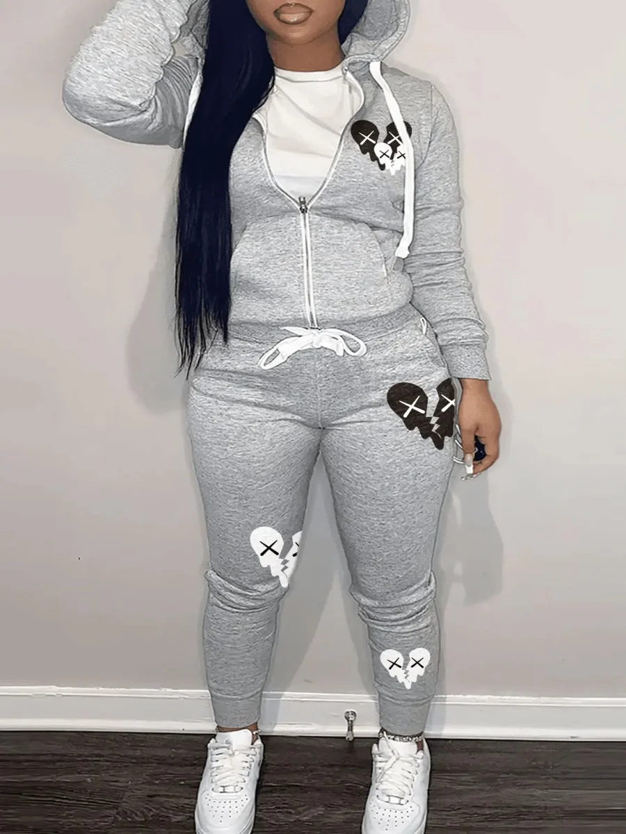 Simple Two Piece Set Women Casual Sporty Long Sleeve Zipper Design Top Hooded Collar Broken Heart Print Female Tracksuit Set
