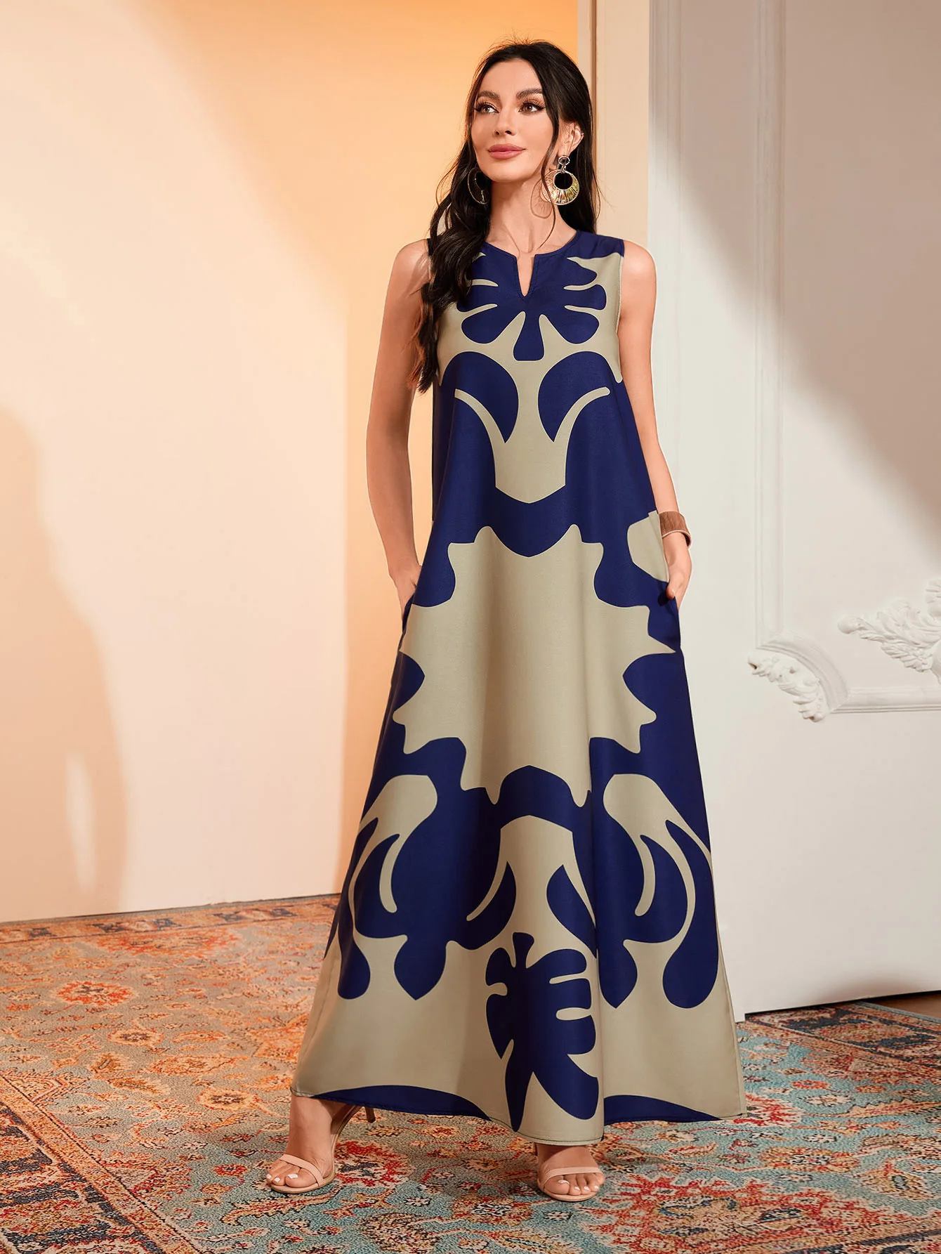 Vintage Simple Print Long Dresses Women Fashion Casual Loose V-neck Bohemian Style Sleeveless Dress Female Summer New Vestidos 8 0301-14488