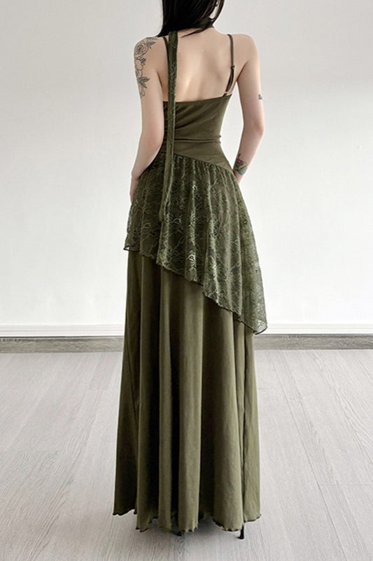 Lace Panel Spaghetti Strap Waist Tie Asymmetric Overlay Maxi Dress