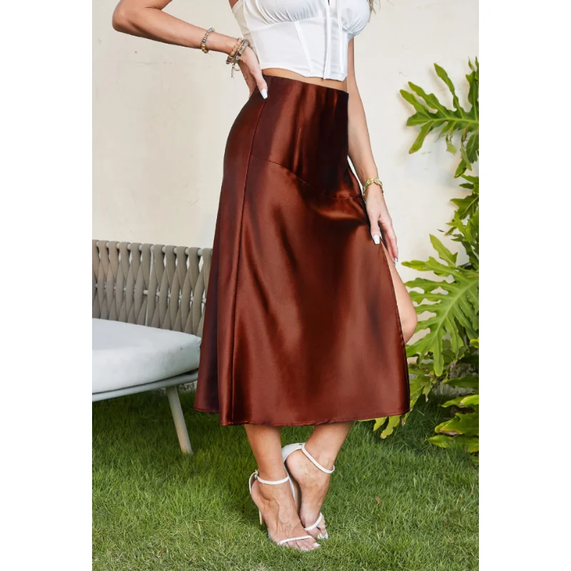 Ootddress Satin High Waist Slim Long Skirt Patchwork For Women Split Elegant Fashion High Street Solid Maxi Skirt Summer Maxi Skirt