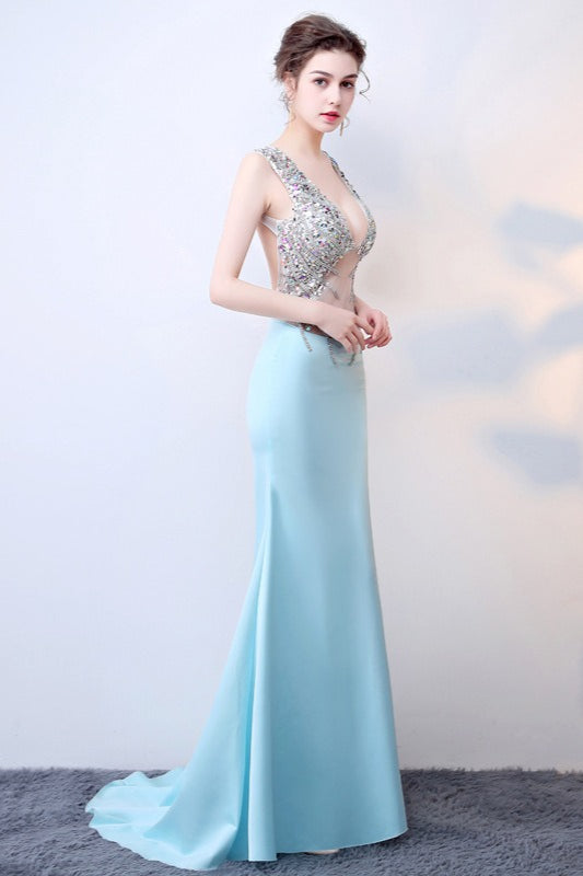 Blue Sheer Deep V-Neck Maxi Dress
