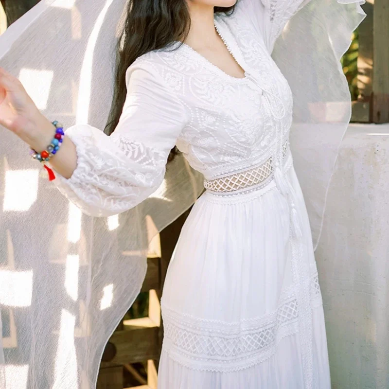 Bohemian White Beach Dress Women Elegant Party Dresses Spring Auutm V-neck Sexy Hollow Out High Waist Long Robe Vestidos