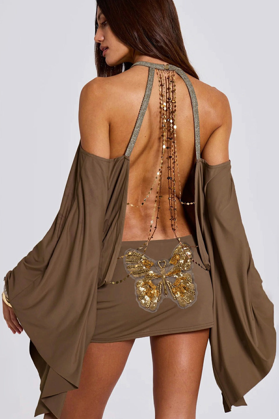 Open Back Halter Sequin Chain Strap Butterfly Applique Bodycon Mini Skirt Wide Sleeve Shrug Set