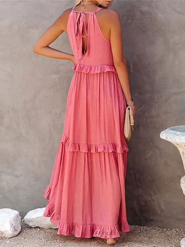Summer Vacation Style Halter Neck Long Dresses Women Fashion Backless Leace-up Loose Ruffles Beach Dress Elegant Ladies Vestidos 13 Summer Vacation Style Halter Neck Long Dresses Women Fashion Backless Leace-up Loose Ruffles Beach Dress Elegant Ladies Vestidos