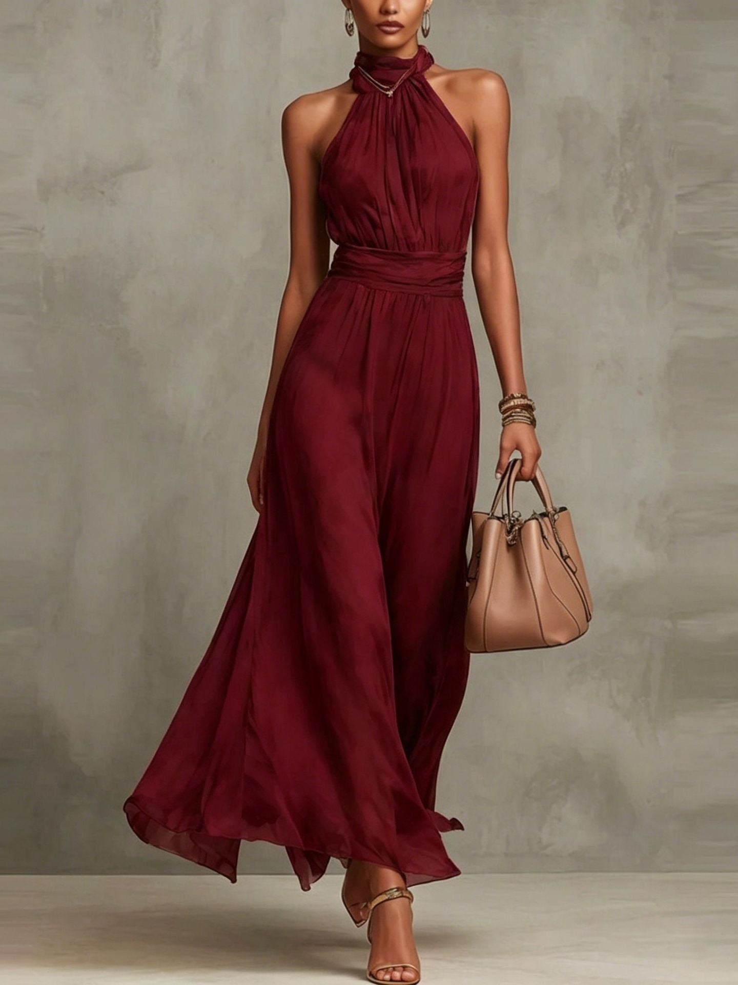 Halter Neck Solid Color Chiffon Vacation Style Waist-cinching Pleated Long Dress