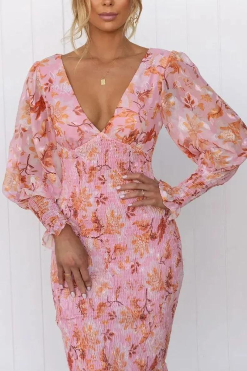 Floral Print Deep V-Neck Balloon Sleeve Smocked Trumpet Hem Midi Dress