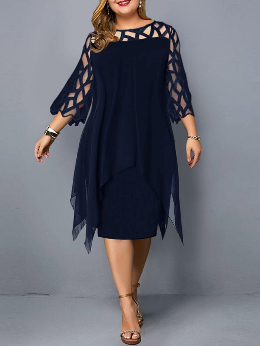 Geometry Splicing Three-quarter Sleeves Irregular Hem Chiffon Midi Dresses