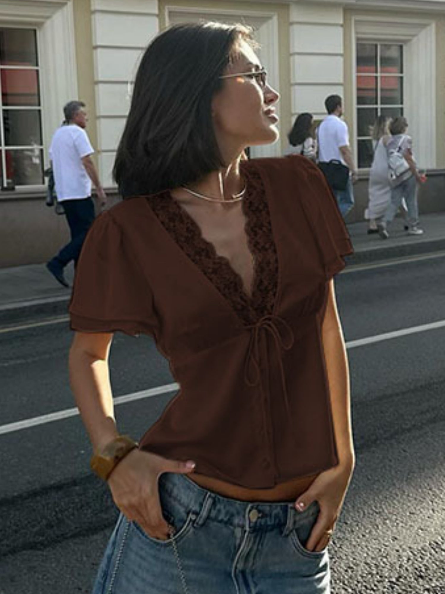Lace Trim Straps V-neck Short-sleeved T-shirt