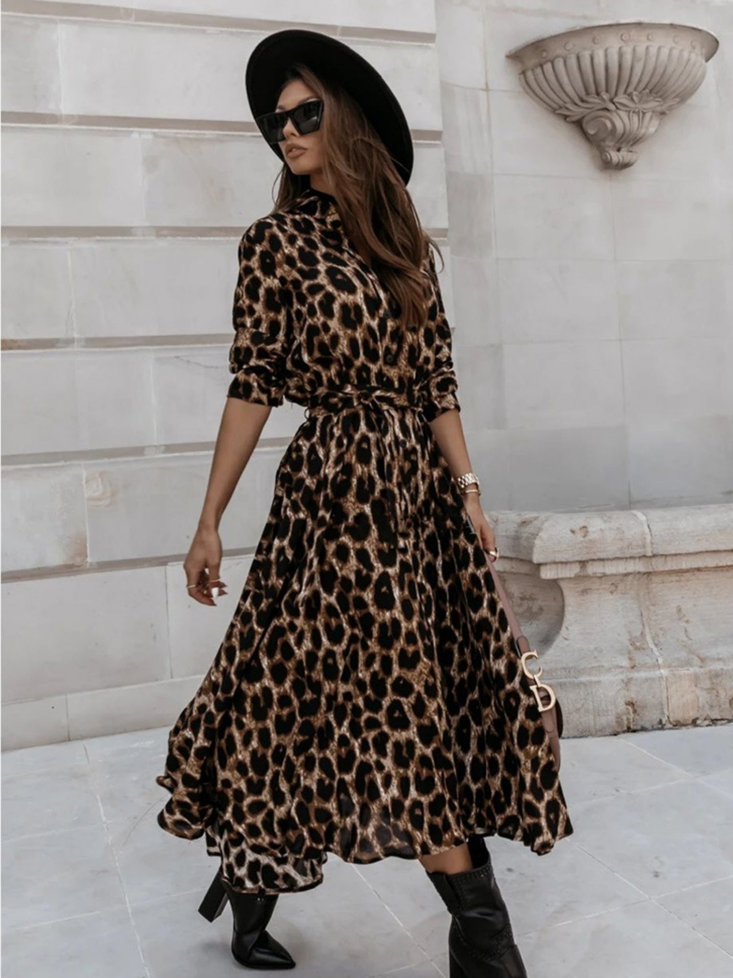 Leopard Print Long Sleeves Large Skirt Maxi Dresses