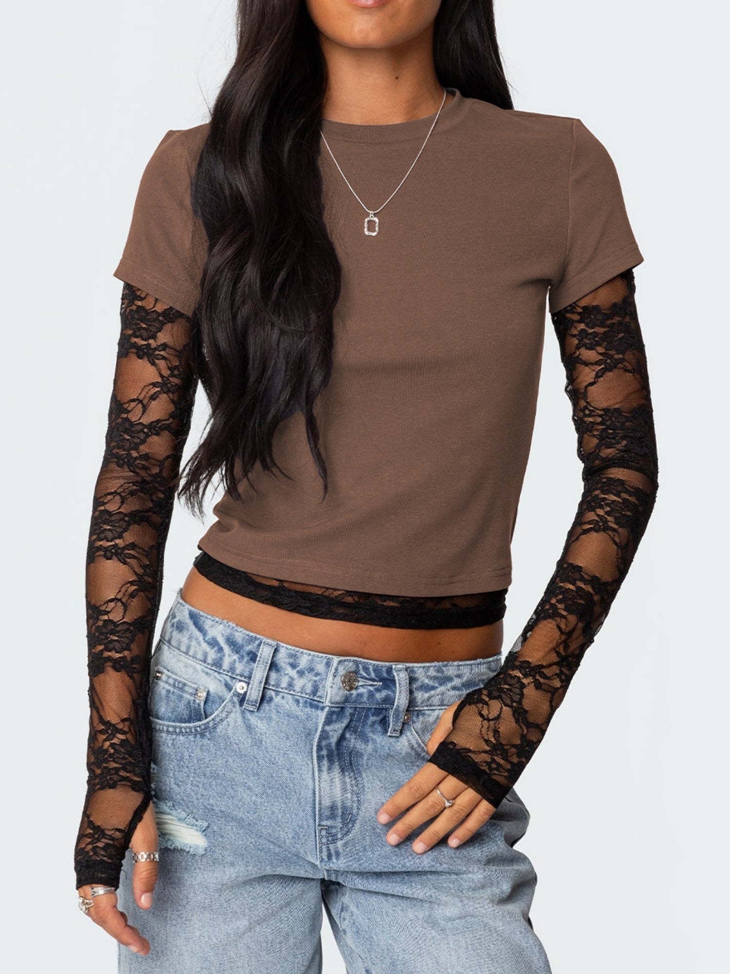 Lace Patchwork Layered-look Long-sleeved Crew Neck T-shirts