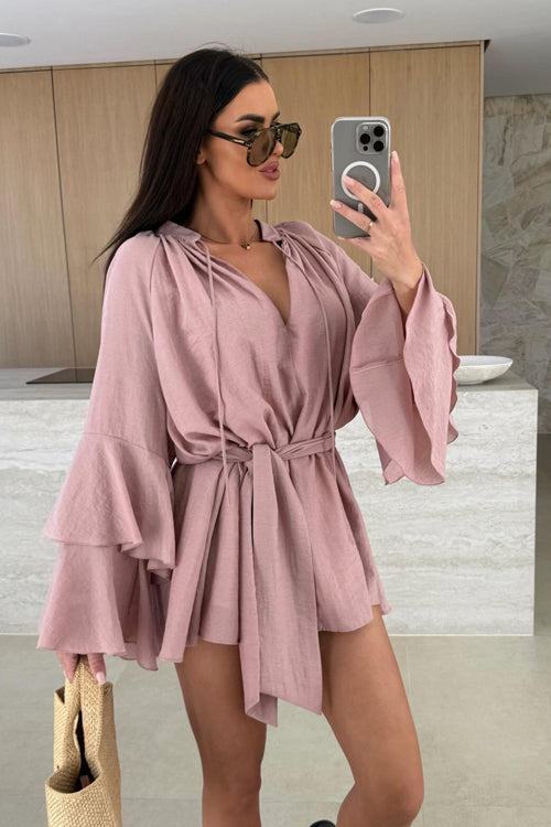 Textured Bell Sleeve Tie Waist Deep V-Neck Romper