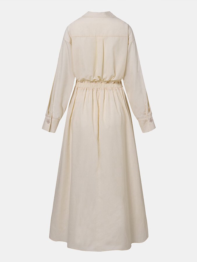 Long Sleeve Wrap Front Deep V-Neck Pleated Maxi Shirt Dress