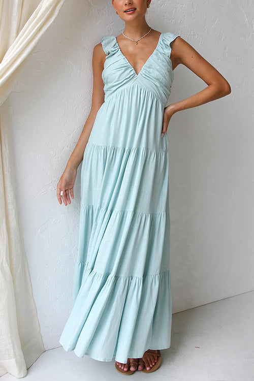 Plunging V-Neck Ruffle Strap Tiered Empire Waist Maxi Dress
