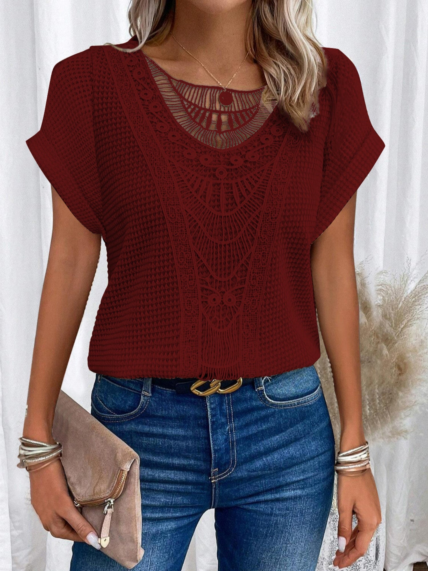 Openwork Lace Crew Neck Patchwork Cropped T-shirt