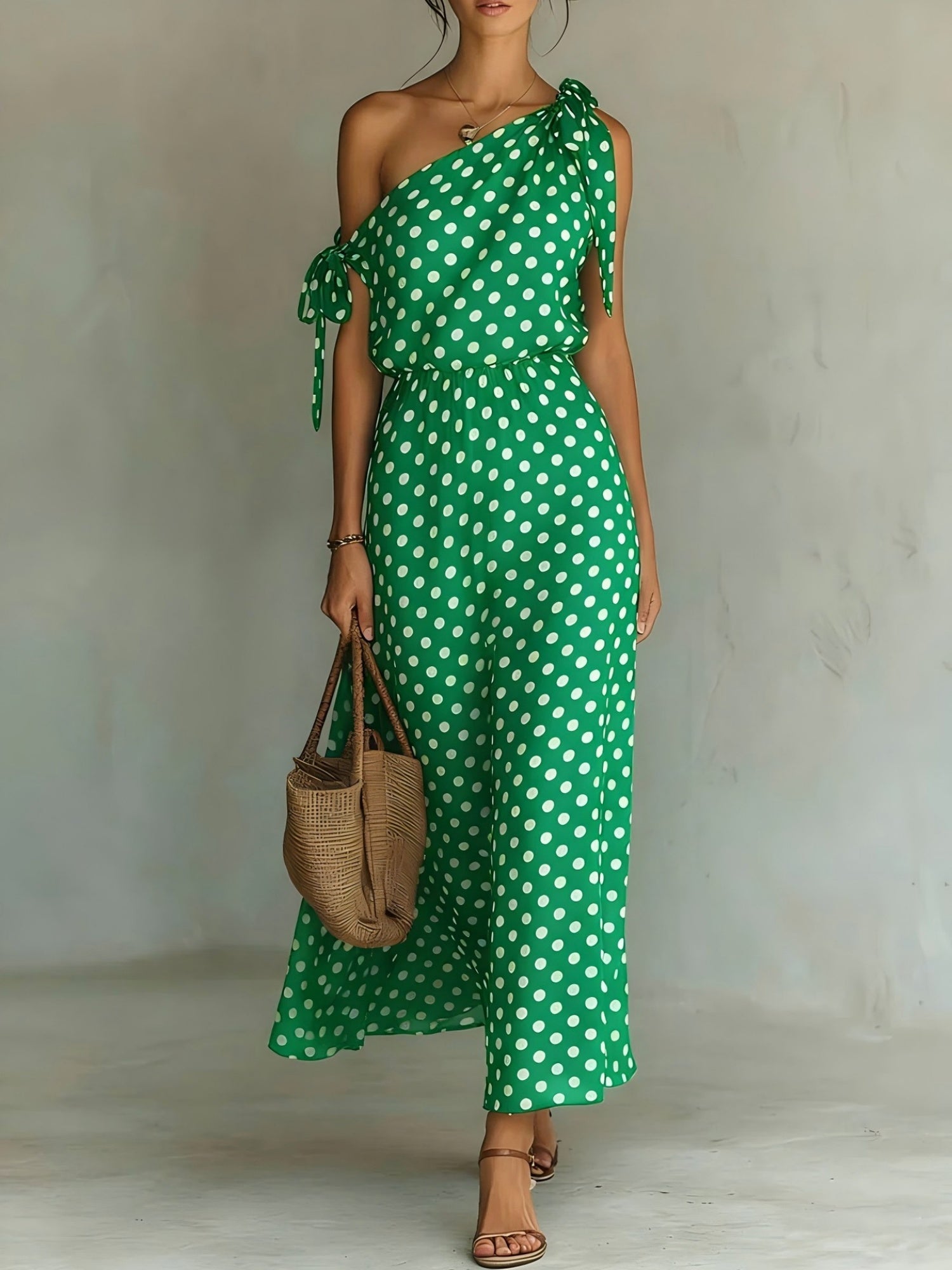 Polka Dots Sloping Shoulders Straps Maxi Dresses