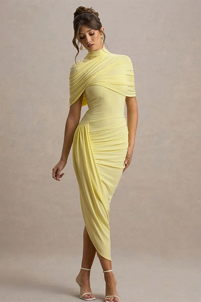 Mock Neck Crossover Ruched Draped Shoulder Wrap Bodycon Midi Dress