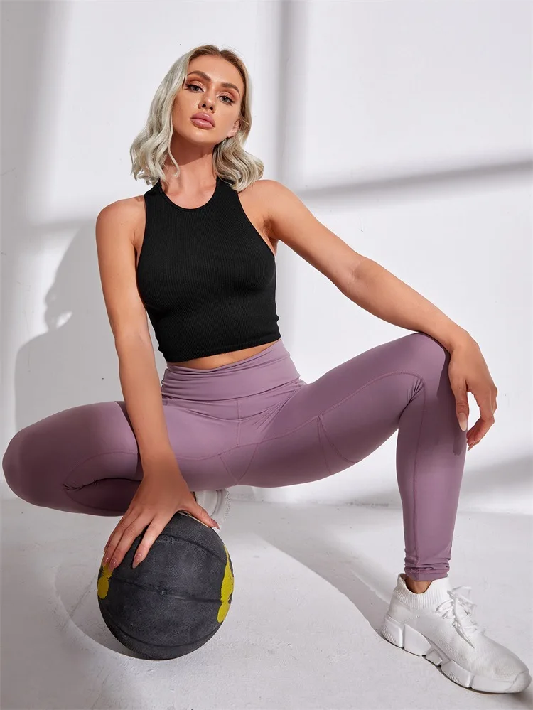 Ootddress Women's Solid Ribbed Sports Camis Sleeveless Yoga Mini Vest Casual Bodycon Fitness Basic Tank Top Female High Street Wear