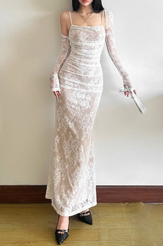 Floral Lace Square Neck Long Sleeve Ruched Mermaid Maxi Dress