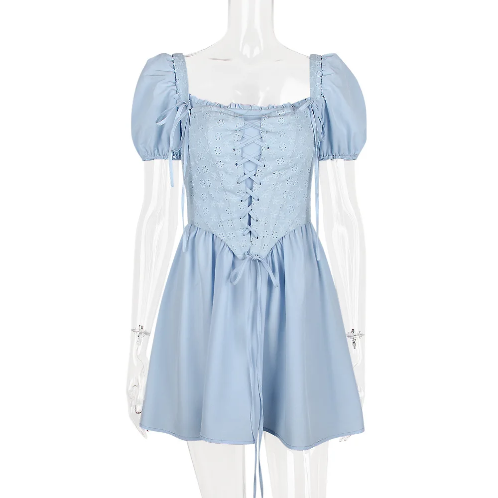 Ootddress Elegant Short Puff Sleeve Sexy Mini Dress Women Fashion Square Collar Backless A-line Pleated Club Party Dress Vintage