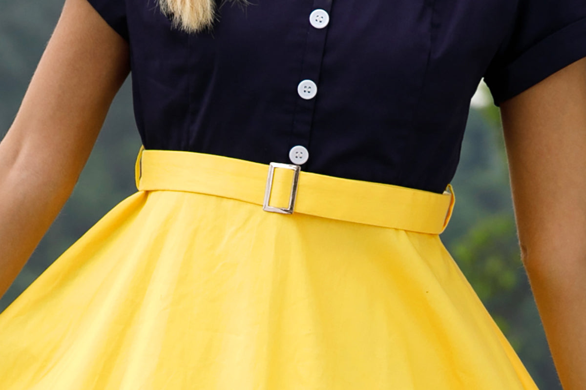 Short Sleeve Lapel Collar Button Front Belted Flared Midi Dress