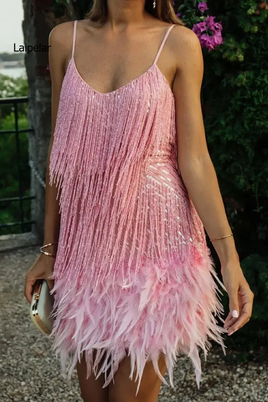 Sequin Fringe Spaghetti Strap Feather Trim V-Neck Mini Dress