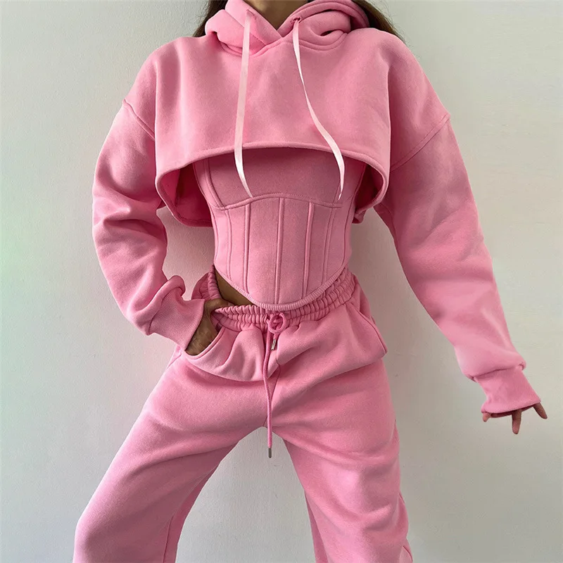 Ootddress Lace Up Pants Sets Women Slim Solid Splice Tank Tops Woman Long Sleeve Short Hoodies And Pant Suits Women Outfits Winter
