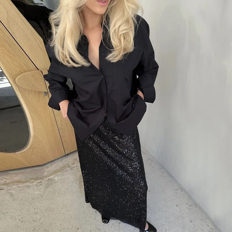 Ootddress Sequins Loose Dress Sets Women Long Sleeve Crop Tops High Waist Sexy Maxi Skirts Ladies Two Piece Suits Womens Outifits