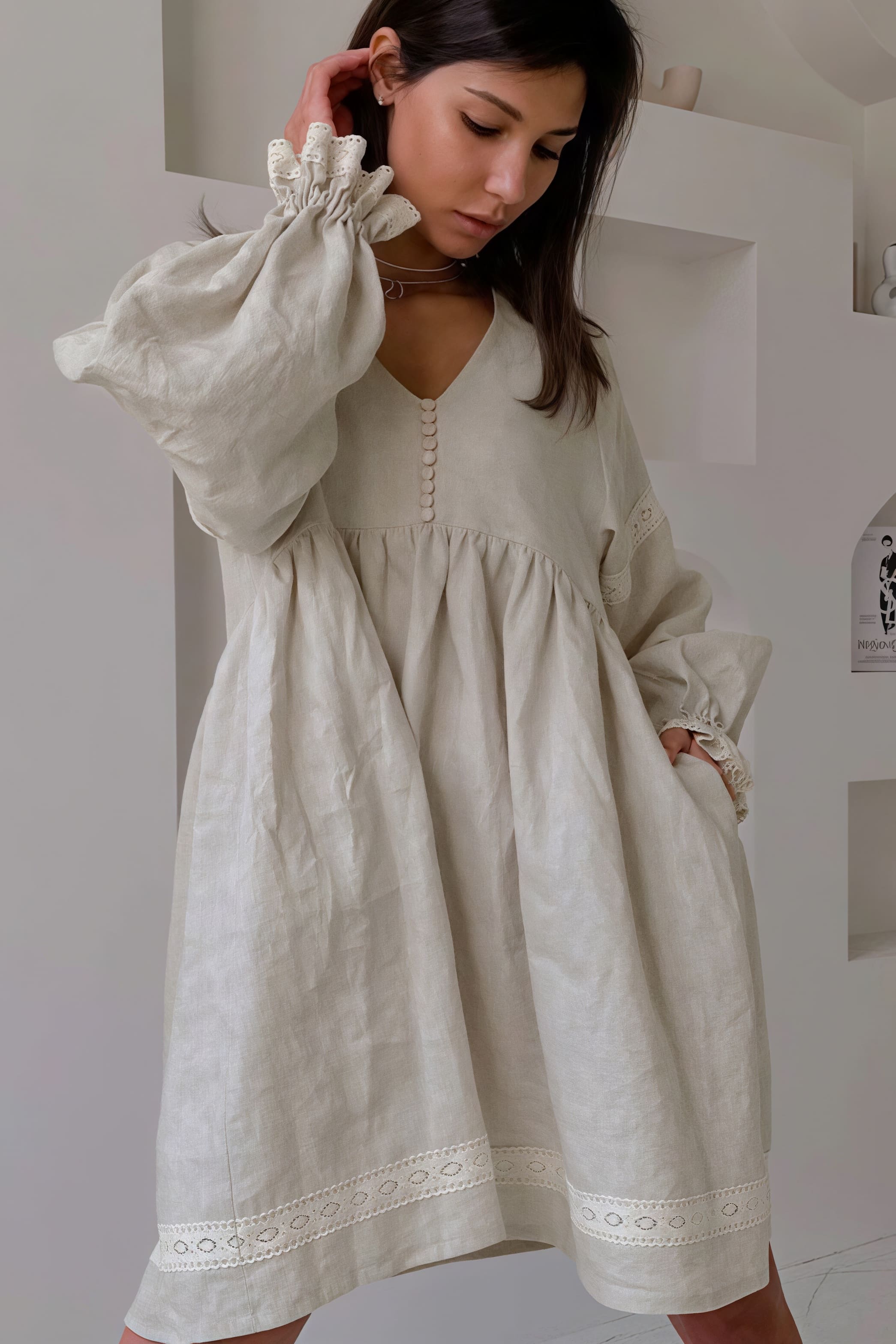Eyelet Lace Trim Button Front Lantern Sleeve Linen Look Mini Dress