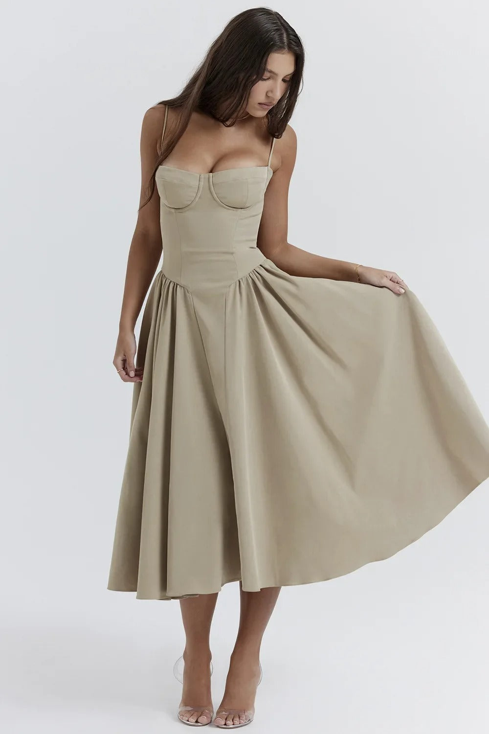 Bustier Sweetheart Spaghetti Strap Drop Waist Fit and Flare Midi Dress
