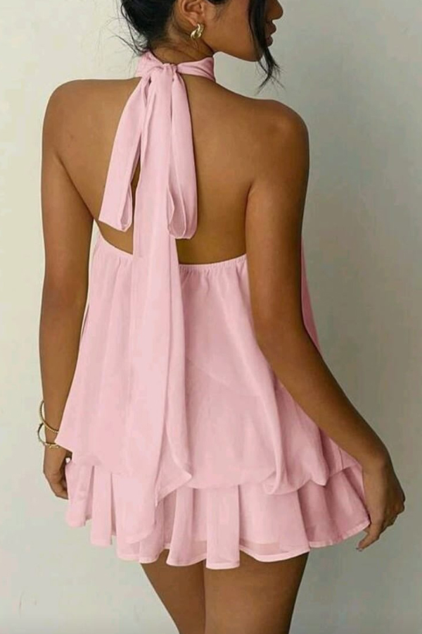 Fashionable Chiffon Halter Neck Backless Lace-up Casual Vacation Mini Dress