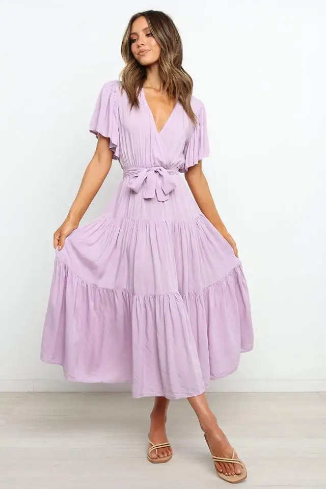 Trendy Solid Color Ruffles Long Dresses Women Sexy V-neck Ruffle Sleeves Leace-up Temperament Elegant Lady Dress 2025 Summer New 34 undefined