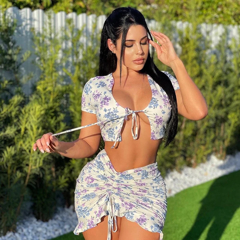 Ootddress Sexy Floral Dress Two Piece Set Women Summer Set Hollow Out Crop-Top And Skirt Suit Cross Lace Up 2025 New Boho Dresses
