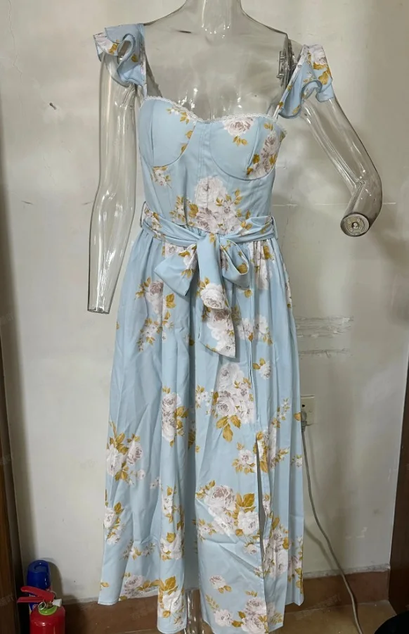 Flowers Print Sleeveless Long Dresses Women Sexy Low Cut Backless Bowknot Leace-up Slit Dress Temperament Lady Vestidos 2025 New