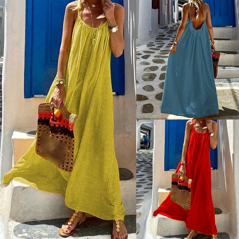 Bohemian Solid Color Spaghetti Strap Dresses Women Loose Sexy Backless Beach Vacation Long Dress Female Fashion Casual Vestidos