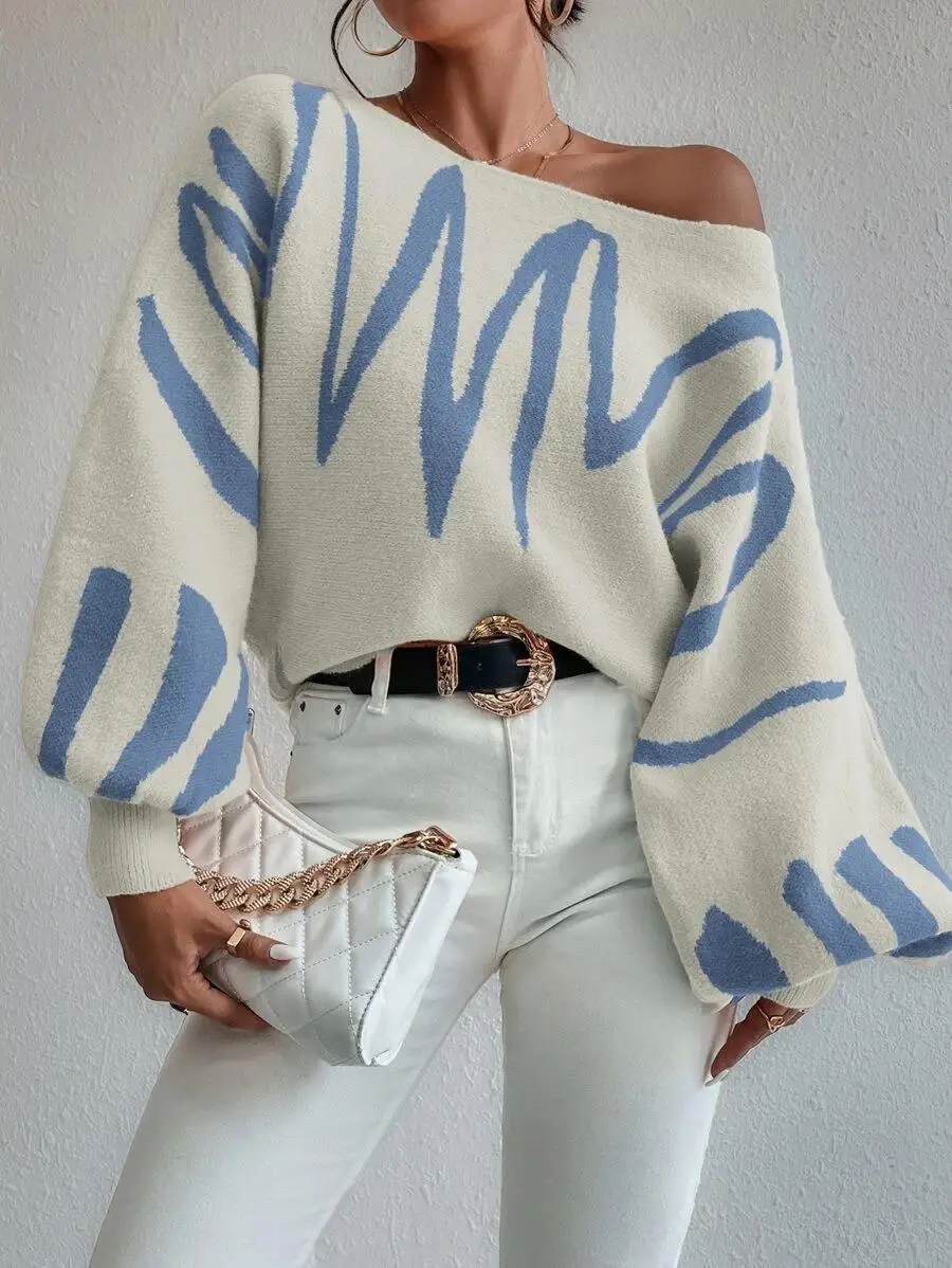 Ootddress Off Shoulder Sweater For Women Batwing Sleeve Pullover Knit Loose Jumper Tops Art Printed Spring New Oversized Sweaters