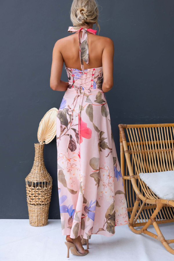 Floral Print V-neck Backless Tie-up Fitted Waist Elegant Maxi Dress