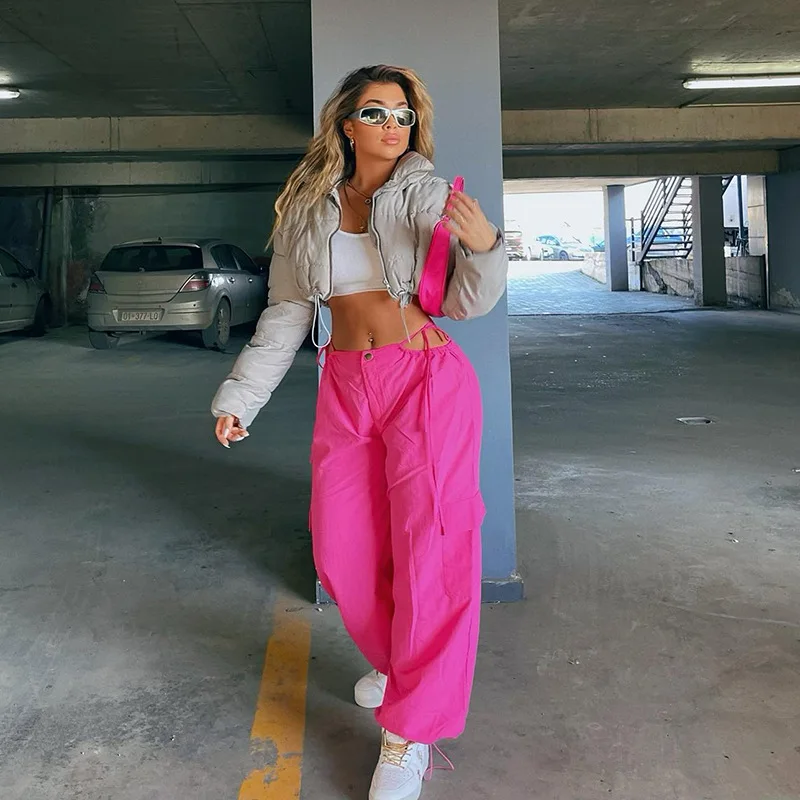 Ootddress Pink Lace-Up Casual Cargo Pants For Women Wide Leg Baggy High Street Pocket Trousers Hollow Out Fashion Designer Trousers