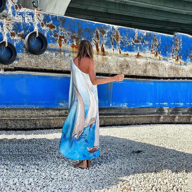 Color Butterfly Print One Shoulder Sleeve Dresses Women Sexy Off Shoulder Loose Beach Vacation Irregular Long Dress Streetwear 12 undefined