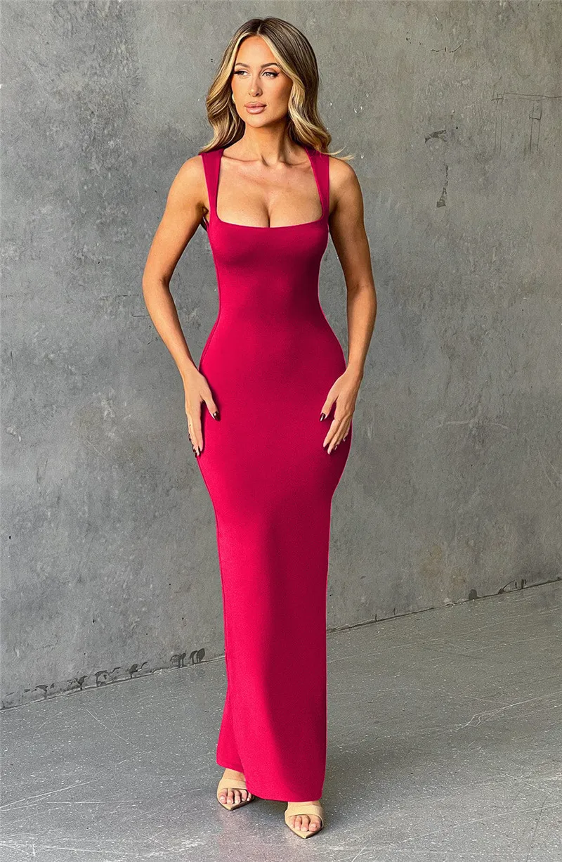 Ootddress Elegant Sleeveless Sexy Maxi Dress For Women Summer New Square Collar Bodycon Club Party Long Tank Dress New 2025