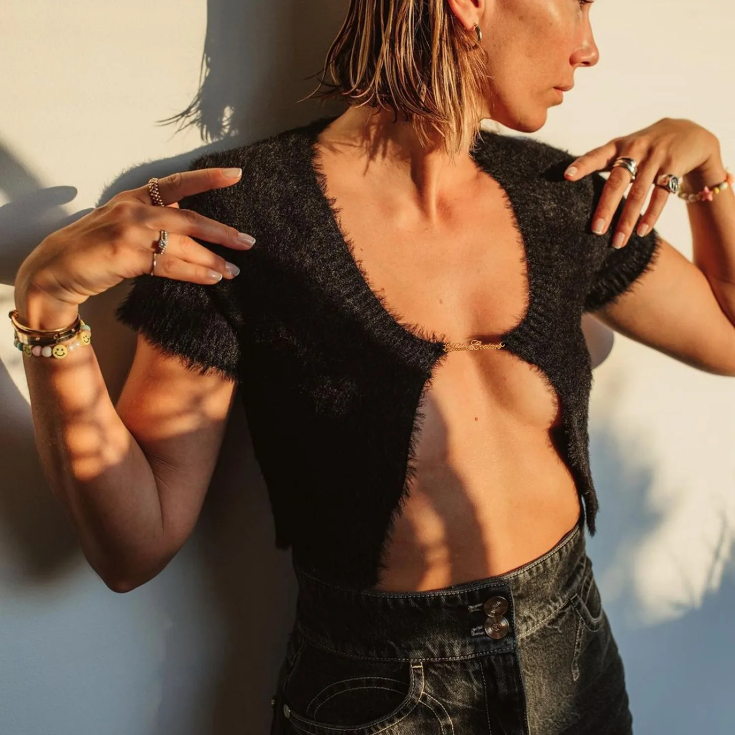 Ootddress Chic Mini Cropped Cardigan Tops Sweater Short Sleeve Knit Mohair Lady Fashion Letters Chain Tank Tops For Women New 2025