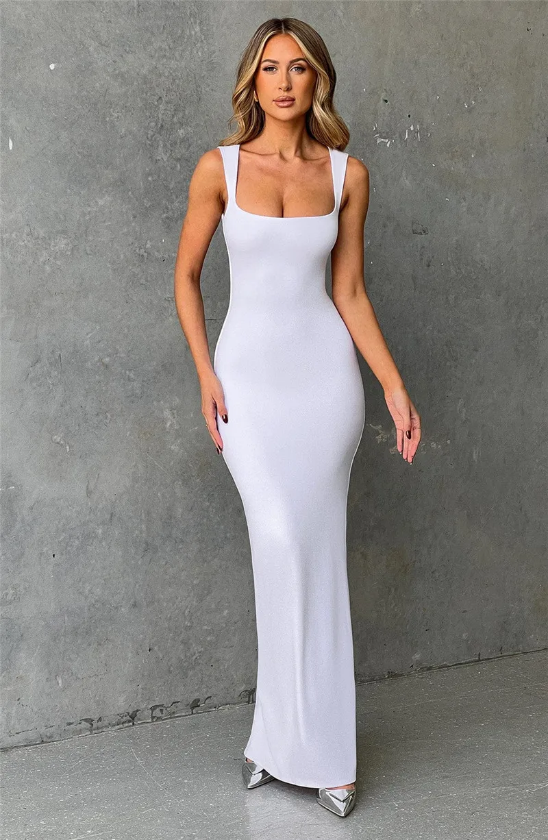 Ootddress Elegant Sleeveless Sexy Maxi Dress For Women Summer New Square Collar Bodycon Club Party Long Tank Dress New 2025