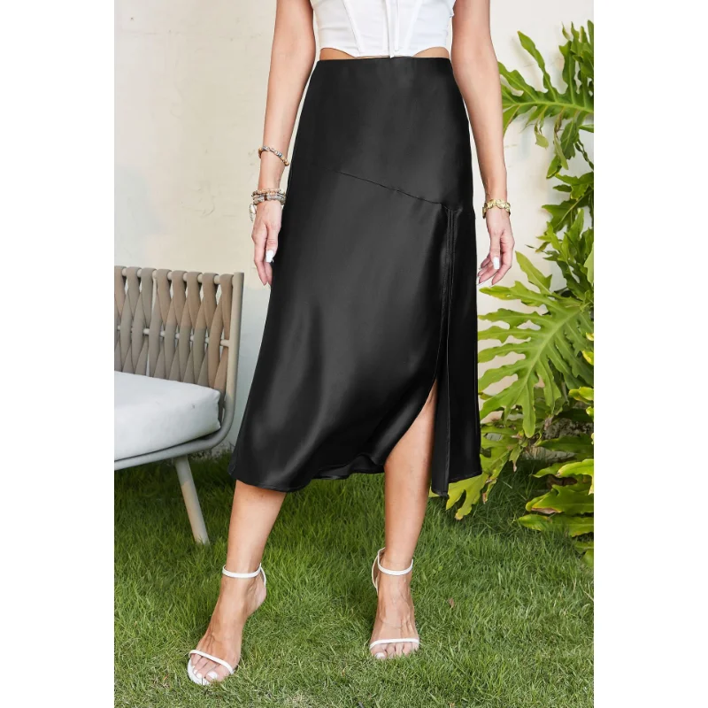 Ootddress Satin High Waist Slim Long Skirt Patchwork For Women Split Elegant Fashion High Street Solid Maxi Skirt Summer Maxi Skirt