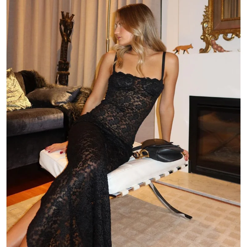 Ootddress Lace Black Dress Female Slim Hollow Out Spaghetti Backless Dress Elegant Party Evening Gown Split Women Maxi Dress Summer