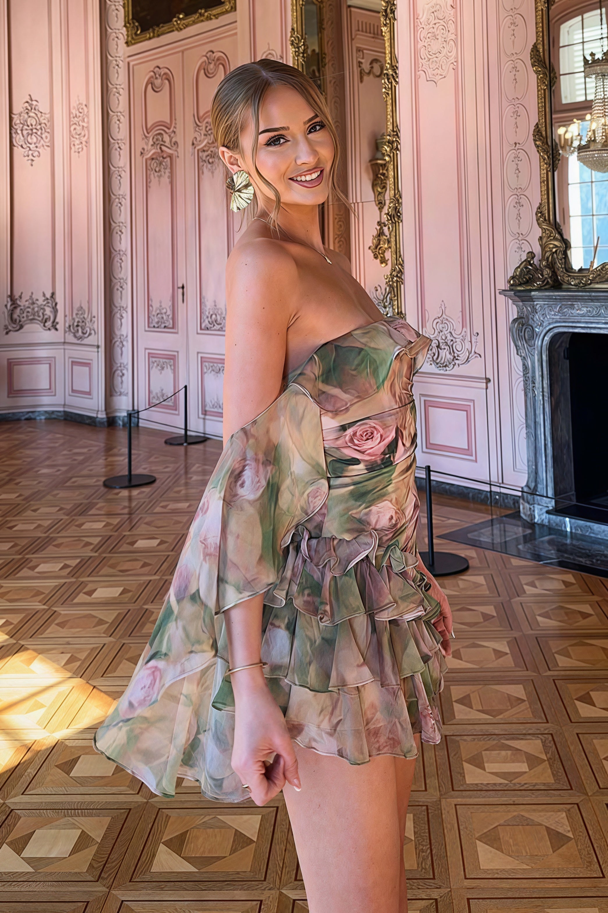 Strapless Floral Print Chiffon Cape Sleeve Tiered Ruffle Mini Dress