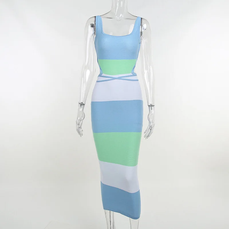 Ootddress Women Stripe Knitted Backless Sexy Bodycon Dress Bandage Contrast Color Spaghetti Strap Long Dresses Party Beach Summer 21 Ootddress Women Stripe Knitted Backless Sexy Bodycon Dress Bandage Contrast Color Spaghetti Strap Long Dresses Party Beach Summer