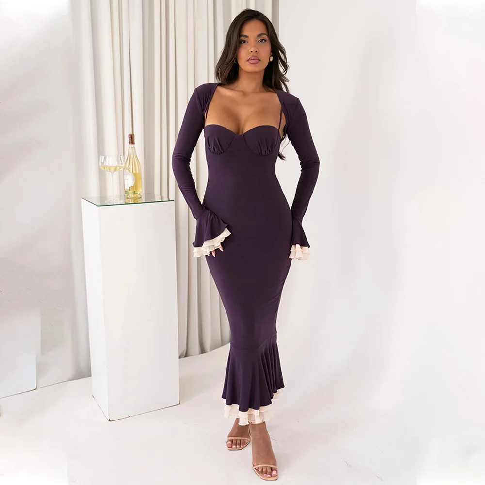 Ootddress Elegant Long Flared Sleeve Elastic Tight Women Two-piece Set Autumn/Winter New 2025 Sexy Party Club Evening Dress 4 Ootddress Elegant Long Flared Sleeve Elastic Tight Women Two-piece Set Autumn/Winter New 2025 Sexy Party Club Evening Dress